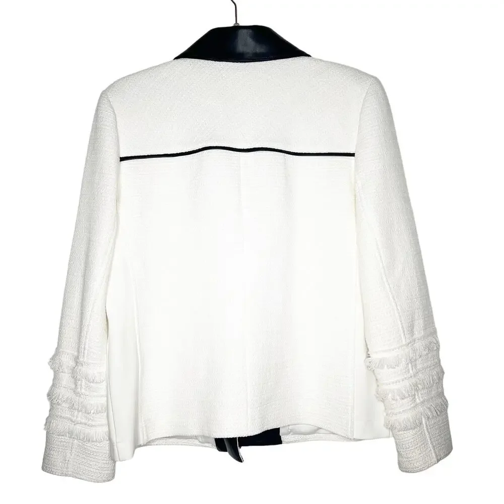 CHICO'S Tweed and Faux Leather Moto Jacket Asymmetric Full Zip White Black Large